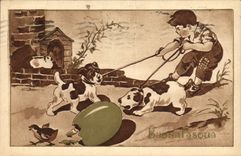 CPA Chien Chiens Chiot Enfant Poussin Oeuf