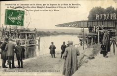 Postal Militaria Construcción y lanzamiento sobre la Marga por los Zapadores de la 5.o Ingeniería Versalles Marcille Armentieres Lizy