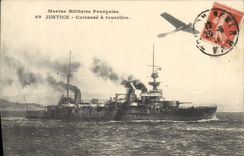 CPA Bateau Justice Cuirasse a tourelles Avion