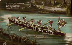 CPA Chien Chiens Chiot Canoe Bonne fete