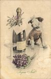 Vintage Postcard Dog Dogs Pup Champagne Christmas