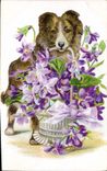 CPA Chien Chiens Chiot Fleurs