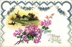 CPA Fantaisie Fleurs Moulin a vent 