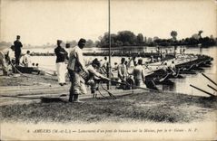 Vintage Postcard Militaria Angers Launching of a bridge of boats on the Marne by the 6th Genius