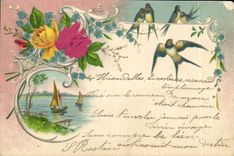 Vintage Postcard Fantasy Flowers Swallows Boat
