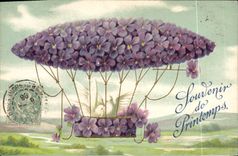 Vintage Postcard Fantasy Flowers Balloon Zeppelin Dirigeale Doves