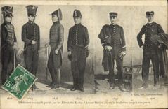 Vintage Postcard Militaria successive Uniforms doors by raised Schools of Arts and Trades