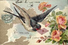 Vintage Postcard Fantasy Hirndelle Flowers