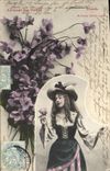 Vintage Postcard Fantaisie Woman Language of the flowers Violette Modesty Deserves mask