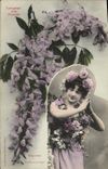 Vintage Postcard Fantaisie Woman Language of the flowers Glycine Happiness divides