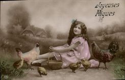 CPA Enfant Poule Coq Poussins Paques 