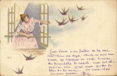 Vintage Postcard Woman Swallows