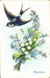 Vintage Postcard Fantasy Flowers Lily of the valley Swallow