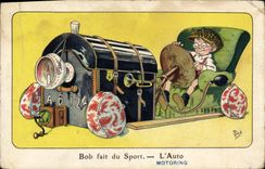 Vintage Postcard Fantaisie Illustrator Mich Bob does sports the Automobile car
