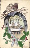 Vintage Postcard Oiseaux Horseshoe (drawing has the hand) Christmas