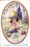 Vintage Postcard Fantaisie Illustrator Child In the countryside it is necessary to get dressed slightly