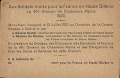 CPA Militaria Allein Ureberrecht und Verlag Optiker Buttner Gletiwitz Haute Silesie 46 eme division de Chasseurs Alpins 1920 