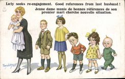 Vintage Postcard Fantasy Illustrator Lady seeks Re commitment Children Woman