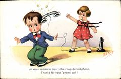 Vintage Postcard Fantaisie Illustrator Children I thank you for your telephone call