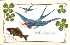 Vintage Postcard Bird Clover Poisson