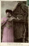 Vintage Postcard Women Birds