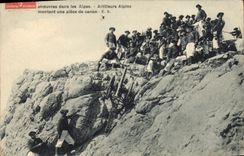 Vintage Postcard Militaria Alpine hunters Operations in the Alps alpine Artillerists assembling a part of gun