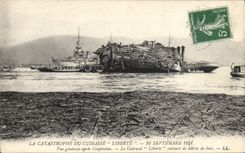 Vintage Postcard Bateau Catastrophe of the Liberte armor Seen general after the explosion armours it Liberte surrounds by wood remains
