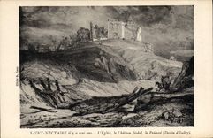 Vintage Postcard Saint Nectary there is hundred years the church the feudal castle the Prioress Drawing of Isabey