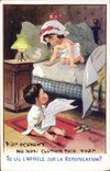 Vintage Postcard Fantasy Illustrator Children War economy No new clothes this year Right