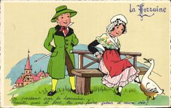 CPA Folklore Alsace Enfants oie