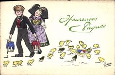 CPA Folklore Alsace Enfants Paques Poussins