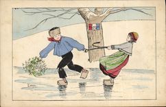 CPA Folklore Alsace Enfants Patins a glace