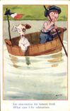 Vintage Postcard Fantasy Illustrator Child Dog Boat