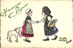 CPA Folklore Alsace Paques Mouton Poussins 