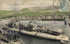 Vintage Postcard Toulon Boat the quay Destroyer with the small row