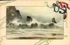 Vintage Postcard Fantasy Sea agitee Boat