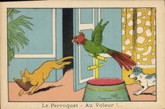 Image Benjamin Rabier the parrot With the robber! Cat Dog