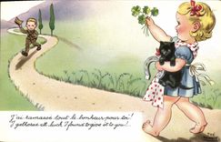 CPA Fantaisie Illustrateur Enfants Militaria Chat Fer a cheval 