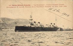 Vintage Postcard Bateau the Marseillaise Cruiser Corsair armours accompanying Mr. Loubet President by the Republic in Italy