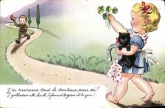 CPA Fantaisie Illustrateur Enfants Chat Fer a cheval 