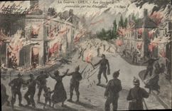 Postal Fantasia Ilustrador Militaria la guerra Creil Rue Gambetta incendiar por los Alemanes