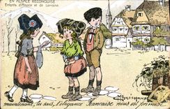 Postal Fantasia Ilustrador Militaria en Alsacia Niños de Alsacia y Lorena