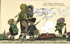 Postal Fantasia Ilustrador Militaria en Alsacia reconquistada Niños de Alsacia y Lorena