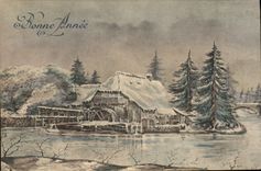 Postal Fantasia Ilustrador Molino de agua