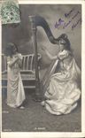 CPA Enfant Harpe Femme 