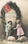 Vintage Postcard Cochon Pig Children Flowers Horseshoe