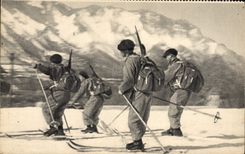 Vintage Postcard Militaria Alpine hunters Scouts skiers Ski