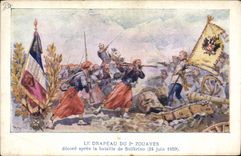 Vintage Postcard Militaria the flag of the 2nd Zouaves decorates after the battle with Solferino