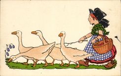 Vintage Postcard Fantasy Illustrator Hansi Alsace Child Geese