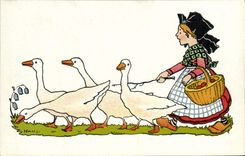 CPA Fantaisie Illustrateur Hansi Alsace Enfant Oies